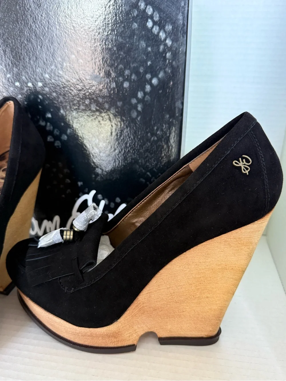 Sam Edelman Black Suede Wedge Loafers with Tassel